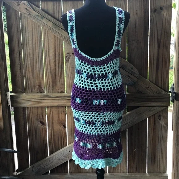 Handmade Crochet Tank Dress Multi Color Blues M - Picture 6 of 6